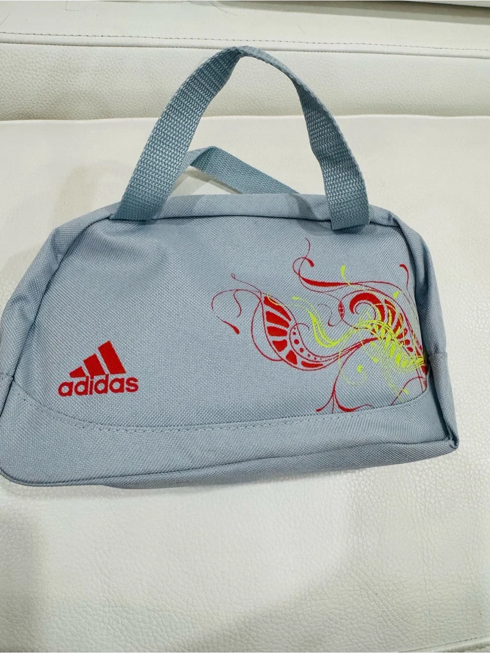 adidas Light Gray Toiletry Bag with Red Logo and Neon Accent and handles